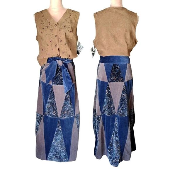 VTG 70s Glen of Michigan Blue Velvet Floral Patchwork Quilted Maxi Skirt Small - Picture 13 of 13